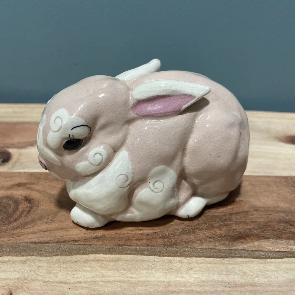 Vtg Kay Finch Bunny Rabbit Pink Figurine California Pottery  MCM Glazed Ceramic